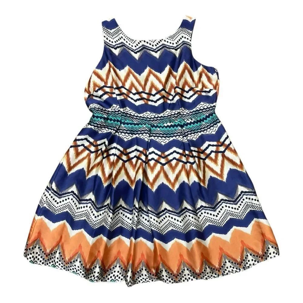 Donna Ricco Chevron Pattern Dress - Blue, Orange, White